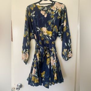 Lulus Floral Print Navy Blue Satin Long Sleeve Mini Dress